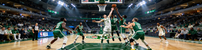 NBA常规赛高清直播画面：波士顿凯尔特人队对阵密尔沃基雄鹿队的比赛现场，球员在篮下争抢篮板球