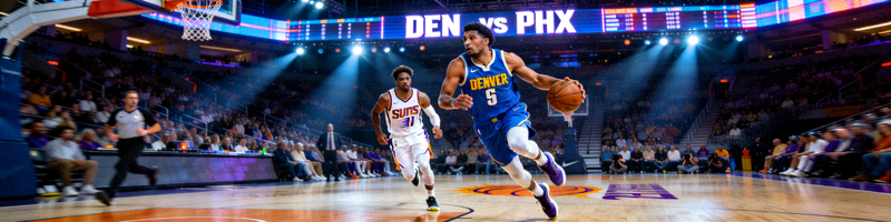 NBA常规赛高清直播画面：丹佛掘金队对阵菲尼克斯太阳队的比赛现场，球员正在进行快攻上篮