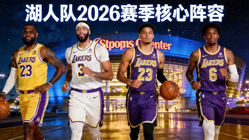 湖人队2026赛季核心阵容概念图，从左至右依次为勒布朗·詹姆斯、安东尼·戴维斯、奥斯汀·里夫斯和贾里德·范德比尔特，背景是斯台普斯中心的夜景